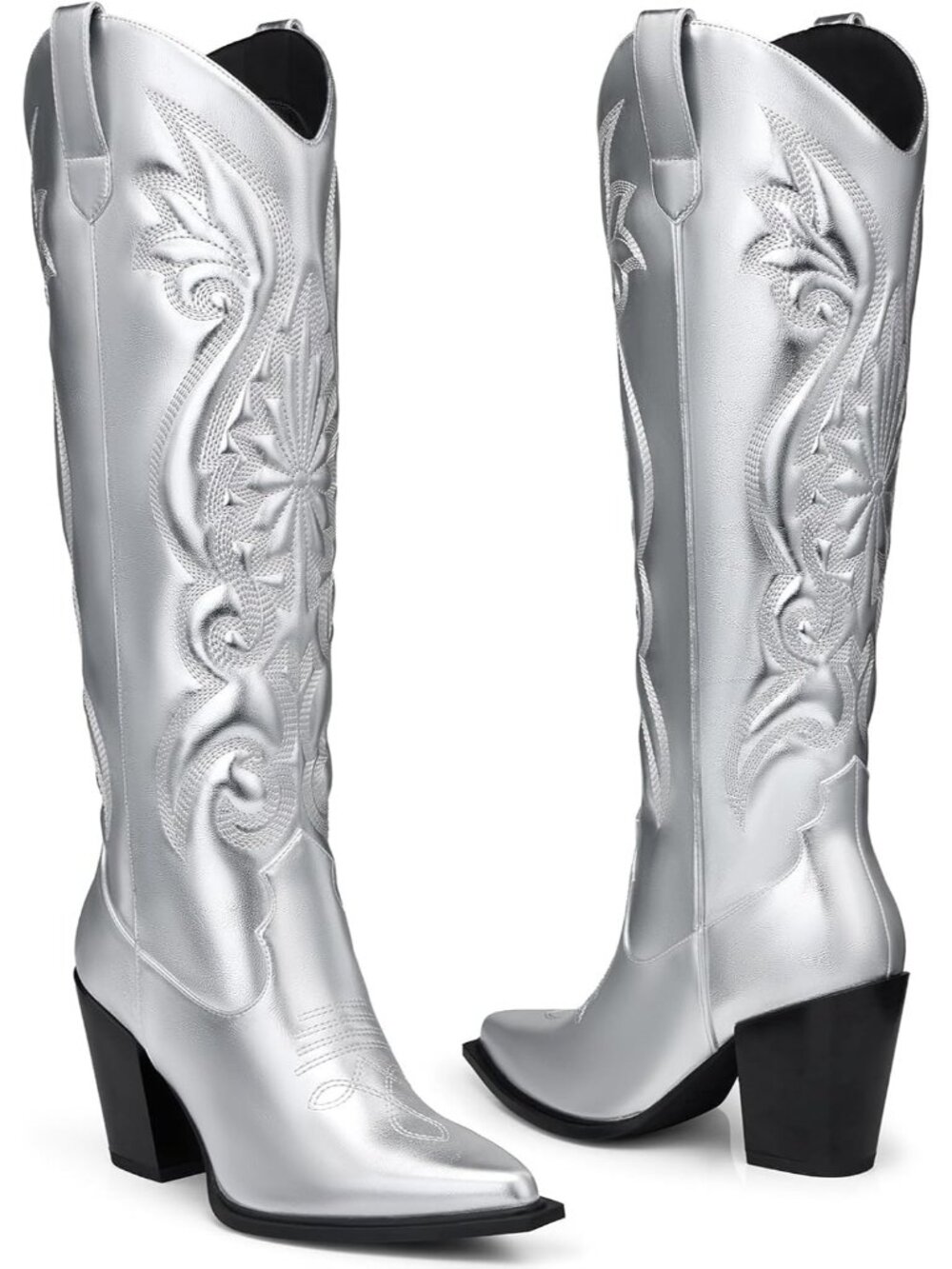 Women's Silver Comfortable 3.5 Inch Chunky Heel Pointed Toe Wide Calf High Boots - Picture 4 of 4